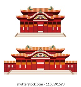 Illustration of castle (Shuri castle) in Okinawa, Japan on white background