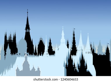 illustration with castle silhouette on blue background