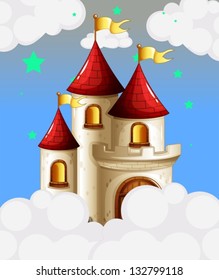 Illustration of a castle in the sky with yellow banners