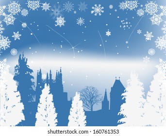 Illustration mit Schloss und Schneeflocken