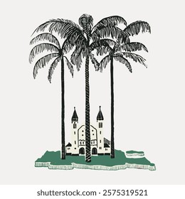 Illustration of a castle surrounded by tall palm trees. The castle and palm trees create a whimsical, tropical scene. Palm trees and castle in harmony. Vintage art drawing illustration vector.