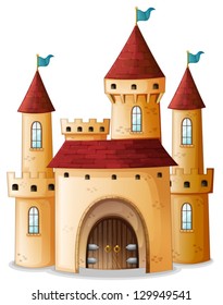 Illustration of a castle with three blue flags on a white background