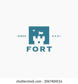 Illustration Castle Tower logo design. Fort Fortress with Flag and Star logo design vector template
