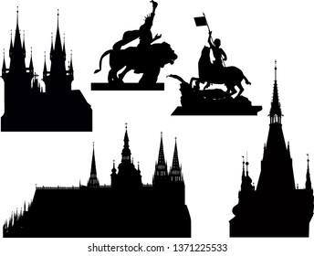 illustration with castles and statues silhouettes collection isolated on white background