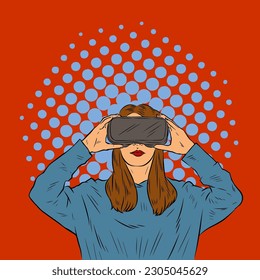 Illustration of a casual female wearing virtual reality headset device drawn in retro comic pop art vector style.