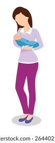 Illustration of casual mother holding her baby, both depicted without facial features. Flat design with soft colors, ideal for themes related to parenting, motherhood, family love, and maternal care.