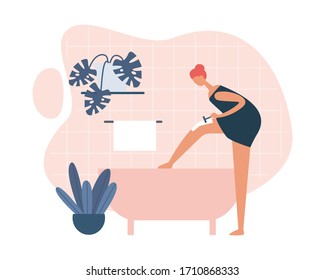 Illustration with casual woman standing at bathtub and shaving legs with foam taking daily hygiene care at home. Everyday personal care, hygienic procedure. Flat cartoon vector illustration