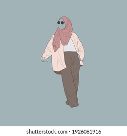 The illustration of a casual woman's clothing on the outer pink, a broken white shirt, an old pink veil, and brown pants.