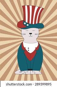 Illustration  cat in the  american hat retro poster