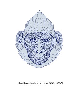 Illustration of a Cat Ba langur Head viewed front done in hand sketch drawing Mandala style.