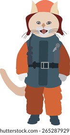 illustration of a cat becoming a firefighter, flat design.