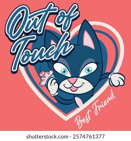 Illustration of a cat with big eyes, eyelashes, and big ears, a sports mascot, college or varsity texts, rhinestones, and baseball and soccer patches, trendy color.