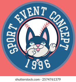 Illustration of a cat with big eyes, eyelashes, and big ears, a sports mascot, college or varsity texts, rhinestones, and baseball and soccer patches, trendy color.