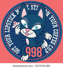 Illustration of a cat with big eyes, eyelashes, and big ears, a sports mascot, college or varsity texts, rhinestones, and baseball and soccer patches, trendy color.