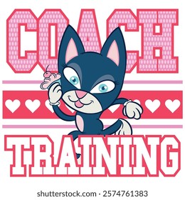 Illustration of a cat with big eyes, eyelashes, and big ears, a sports mascot, college or varsity texts, rhinestones, and baseball and soccer patches, trendy color.