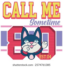 Illustration of a cat with big eyes, eyelashes, and big ears, a sports mascot, college or varsity texts, rhinestones, and baseball and soccer patches, trendy color.