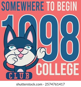 Illustration of a cat with big eyes, eyelashes, and big ears, a sports mascot, college or varsity texts, rhinestones, and baseball and soccer patches, trendy color.