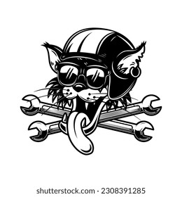 Illustration of the cat biker with crossed wrenches. Design element for logo, label, sign, emblem. Vector illustration