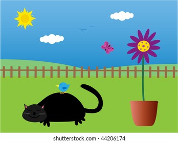 Illustration of a cat and bird sleeping in a sunny garden next to a flower in a pot.