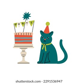 Illustration with a cat and a Birthday cake. Funny cartoon style. Can be used in poster, invitation or greeting card design. Birthday party concept. Hand drawn vector illustration.