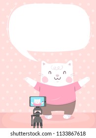 Illustration of a Cat with Blank Speech Bubble In Front of a Mobile Phone Recording a Video