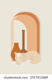 Illustration with cat boho printable art. Aesthetic minimalist poster with vases and sleeping kitten