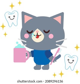 Illustration of a cat brushing teeth