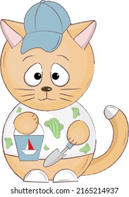 illustration of a cat with a bucket and a shovel