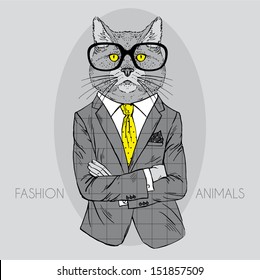 Illustration of Cat in Business Suit Isolated on Grey Background