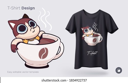Illustration of a cat busy with daily household chores. Prints on T-shirts, sweatshirts, cases for mobile phones, souvenirs. Isolated vector illustration