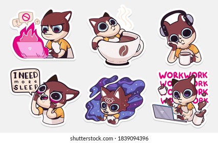 Illustration of a cat busy with daily household chores. Set of stickers. Vector illustration