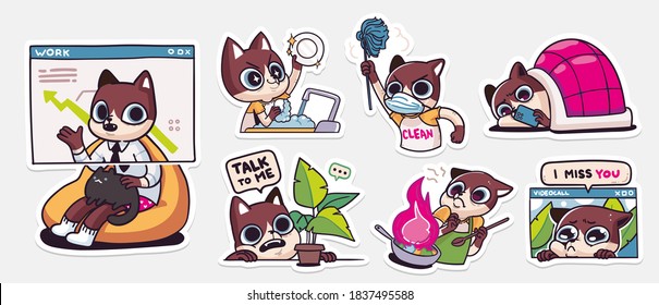 Illustration of a cat busy with remote work and daily household chores. Set of stickers. Vector illustration