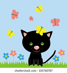 The illustration with cat and butterfly