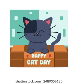 Illustration of a cat in cardboard to congratulate International Cat Day
