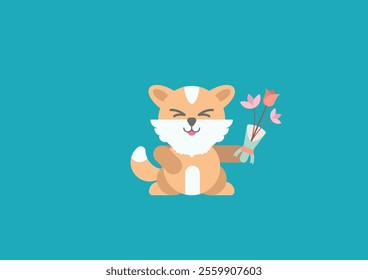 Illustration of a cat carrying a bouquet of flowers using a flat design style