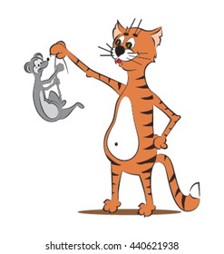 illustration of a cat caught the mouse, and holding it by the tail