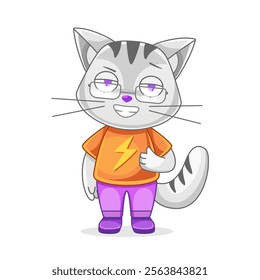 Illustration of a cat character in a t-shirt with lightning in a cute cartoon style.