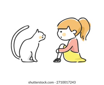 Una ilustración de un gato y un niño enfrentados.