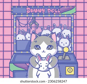 Illustration Cat with claw machine bunny