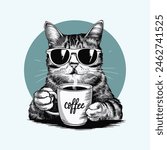 Illustration of cat with coffee with typography vector graphic for tshirt or apparel print