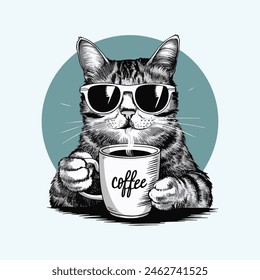 Illustration of cat with coffee with typography vector graphic for tshirt or apparel print