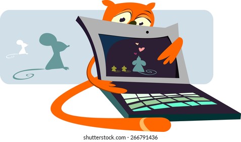 Illustration of the cat with the computer
