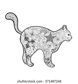 Illustration "Cat" was created in doodling style in black and white colors.  Painted image is isolated on white background.
