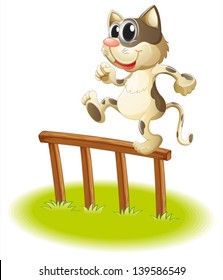 Illustration of a cat crossing the fence on a white background