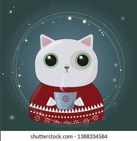 illustration of a cat and a Cup of tea. winter picture. suitable for Christmas card