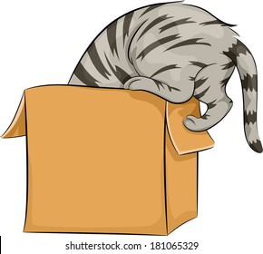 Illustration of a Cat Curiously Peeking Inside a Box