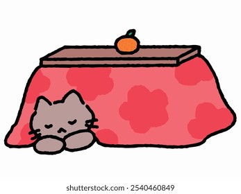 Illustration of a cat curled up in a kotatsu