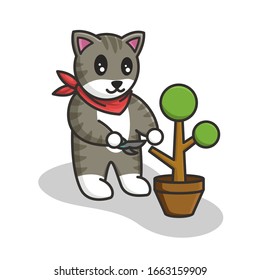 illustration of a cat cutting a plant,  gardening cat theme, layered vector file, check other cat illustration on my profile page at collection tab