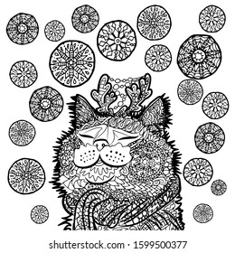 Illustration with cat, deer horns, scarf and snowflakes. Hand drawn doodles. Funny animal for coloring book. Anti stress zentangle for adults.