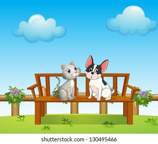 Illustration of a cat and a dog at the bench